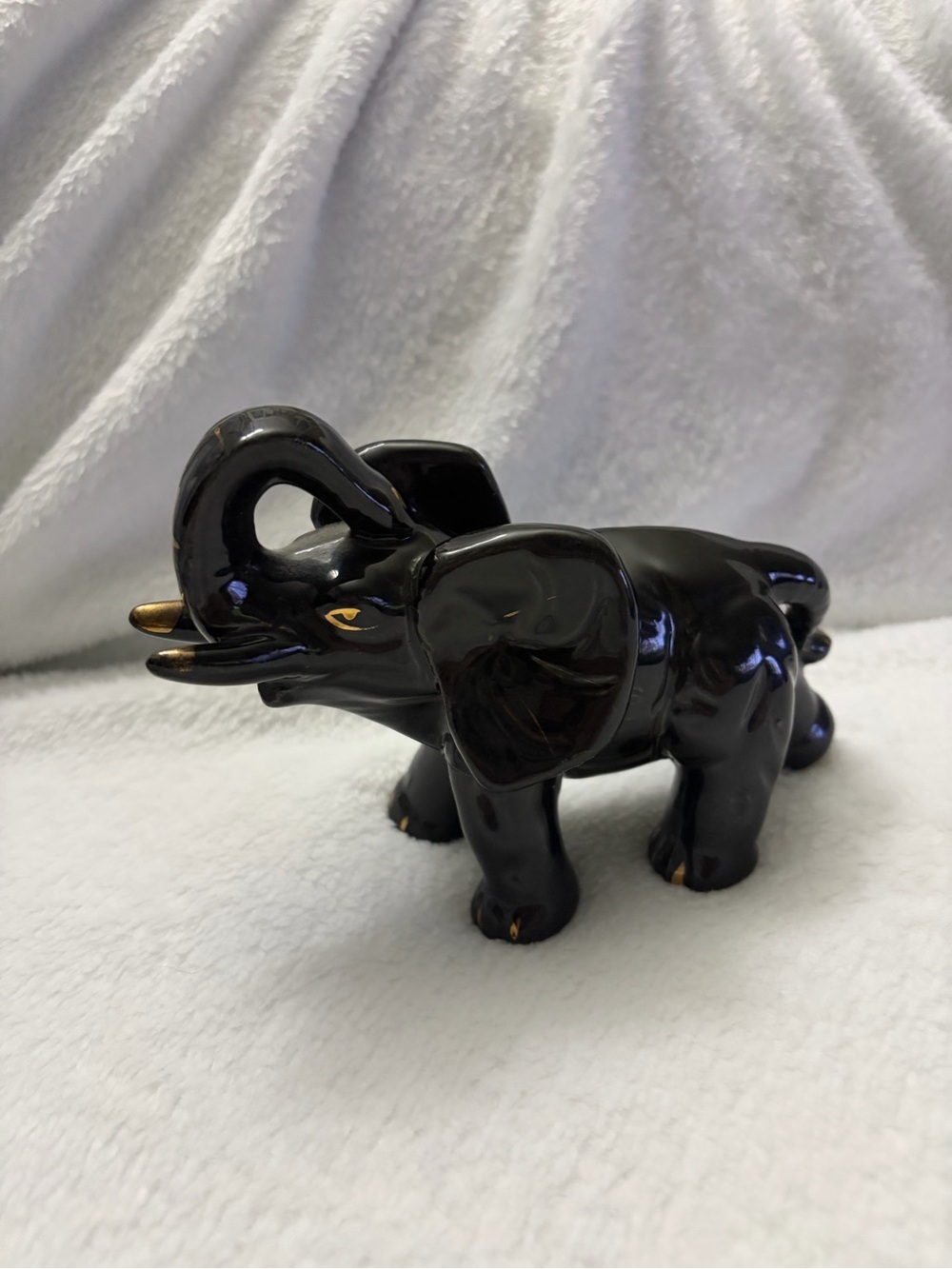 Vintage Black Ceramic Elephant Figurine Gold Accents Made in China